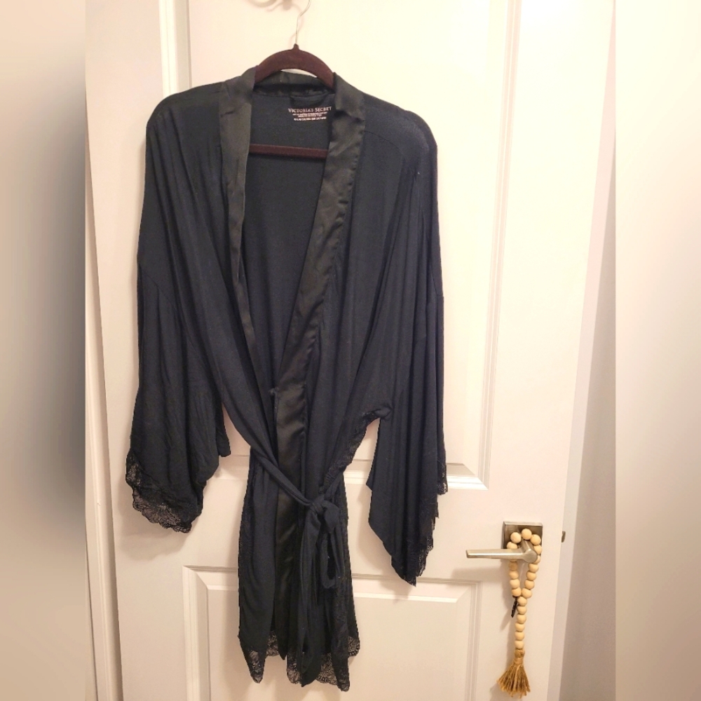 Victoria Secret Black Lace Trim Robe